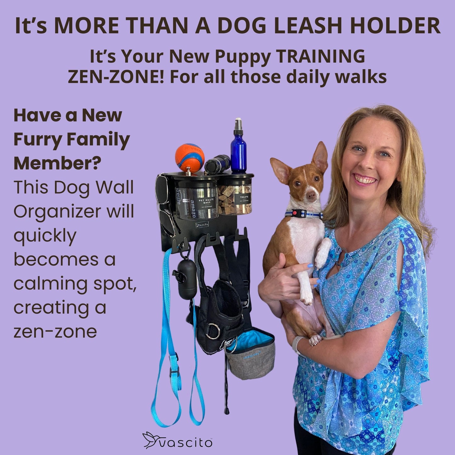 Dog Leash Holder for Wall with 9" Dog Shelf, Deep Dog Hooks and 2 Small Airtight Dog Treat Containers, Dog Stuff Organizer and Storage, Dog Accessories, New Puppy Essentials