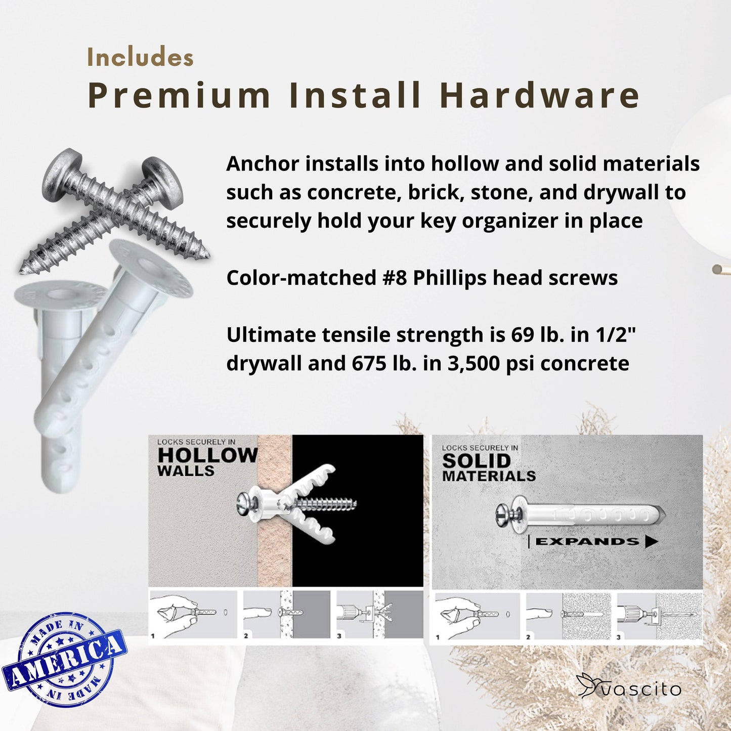 Premium install hardware for dog organizer shelf includes wall anchors and screws for secure mounting on drywall, brick, or concrete surfaces.