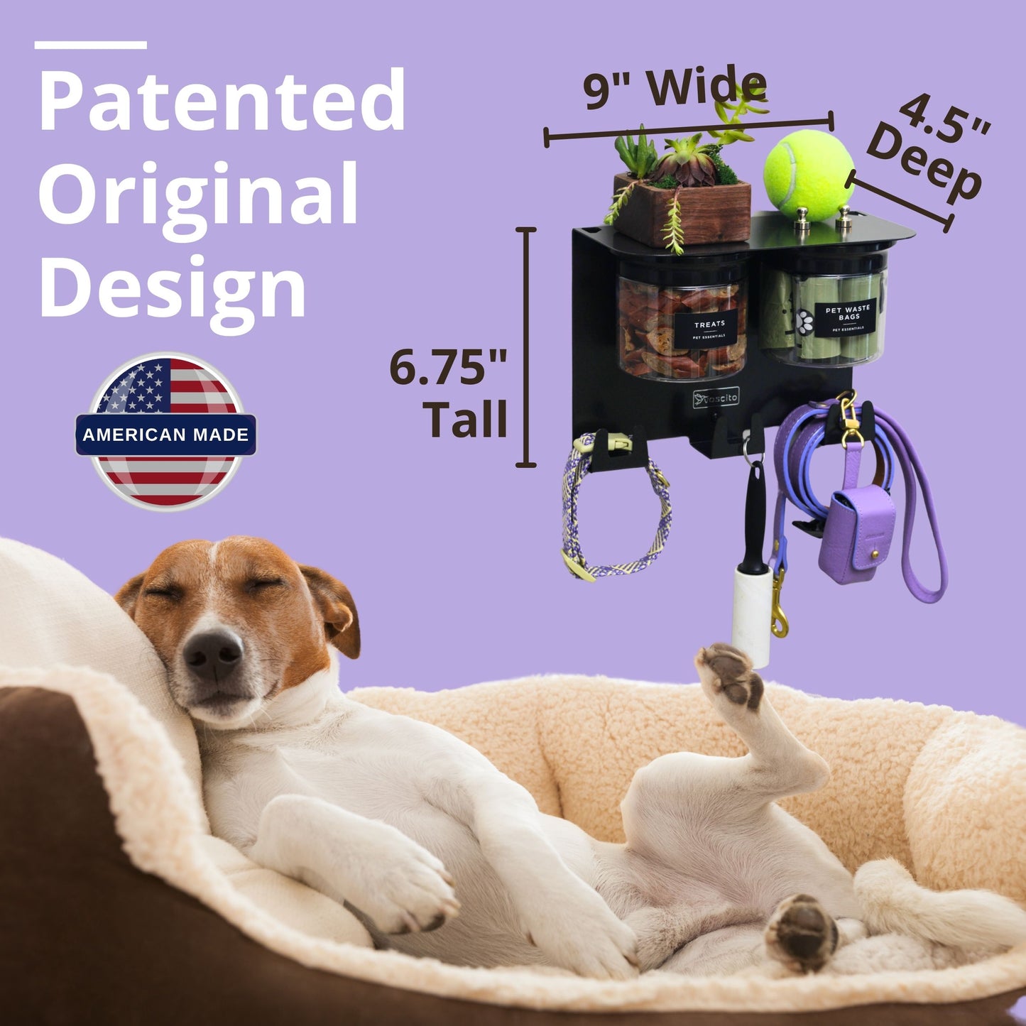 Dog Leash Holder for Wall with 9" Dog Shelf, Deep Dog Hooks and 2 Small Airtight Dog Treat Containers, Dog Stuff Organizer and Storage, Dog Accessories, New Puppy Essentials