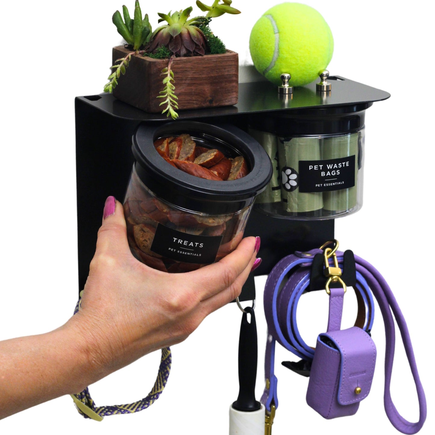 Dog Leash Holder for Wall with 9" Dog Shelf, Deep Dog Hooks and 2 Small Airtight Dog Treat Containers, Dog Stuff Organizer and Storage, Dog Accessories, New Puppy Essentials