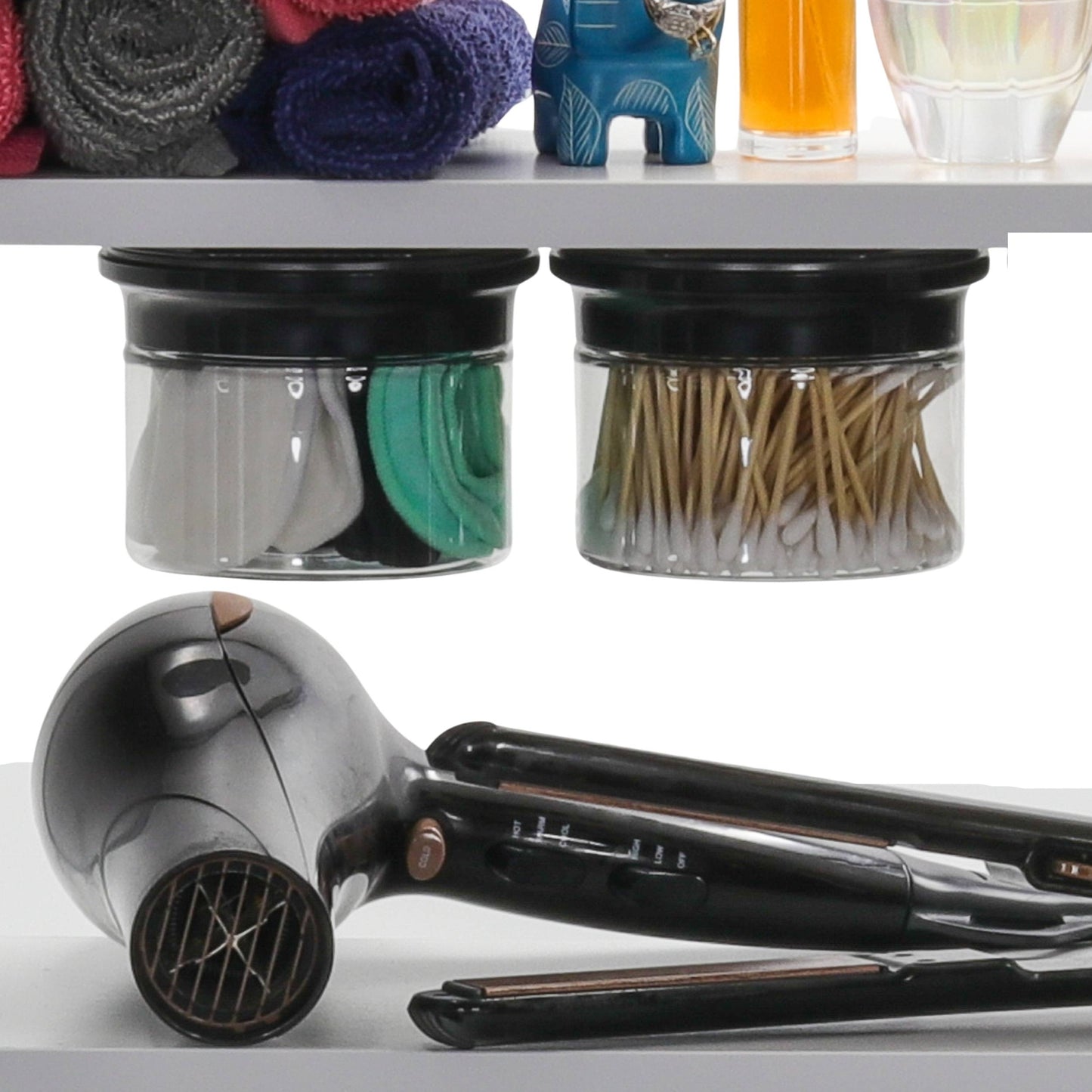 Cotton Ball and Q tip Holder, Bathroom Canisters Set, Adhesive Mount Under Shelf Organizer, Bathroom Storage Organizer