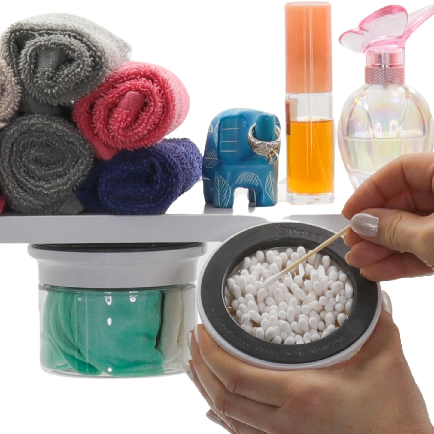 Under Bathroom Shelf Organizer Includes Clear Smell Proof Storage Jars with Labels for Cotton Swabs, Balls, Flossers and more!