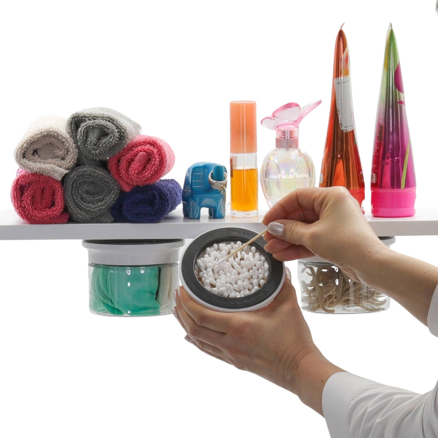 Under Bathroom Shelf Organizer Includes Clear Smell Proof Storage Jars with Labels for Cotton Swabs, Balls, Flossers and more!