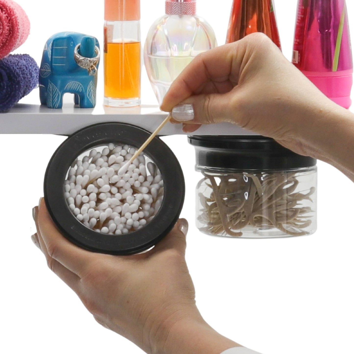 Cotton Ball and Q tip Holder, Bathroom Canisters Set, Adhesive Mount Under Shelf Organizer, Bathroom Storage Organizer