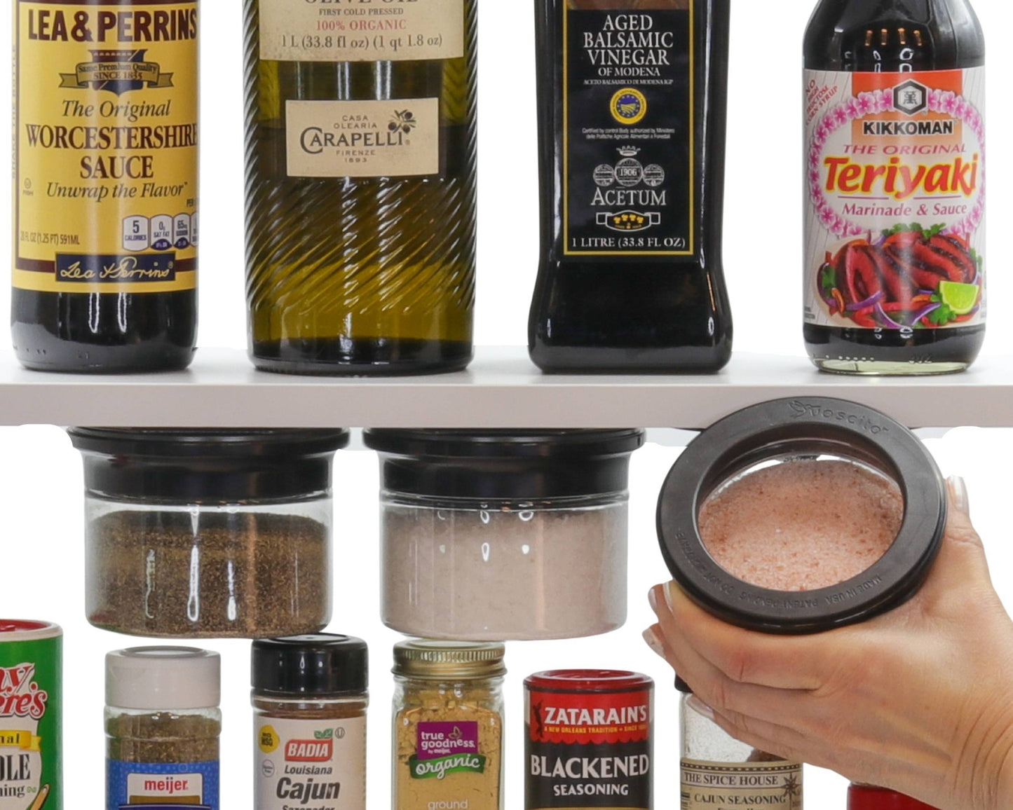 Kitchen Organizer Stash Jars - Space Saving Solution mounted under cabinet shelf storing spices and pink Himalayan salt in airtight containers.
