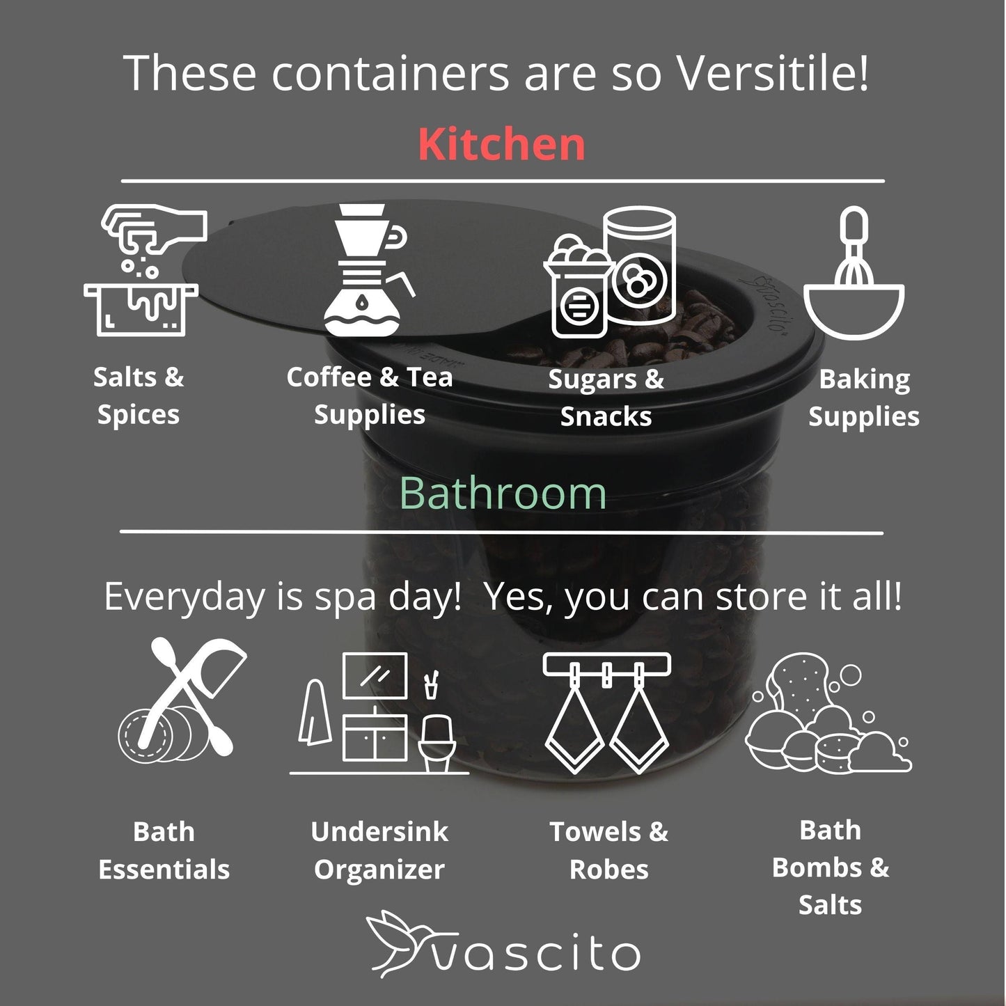 Multi-purpose Kitchen Organizer Stash Jars used for kitchen and bathroom storage, ideal for spices, snacks, bath essentials, and more.
