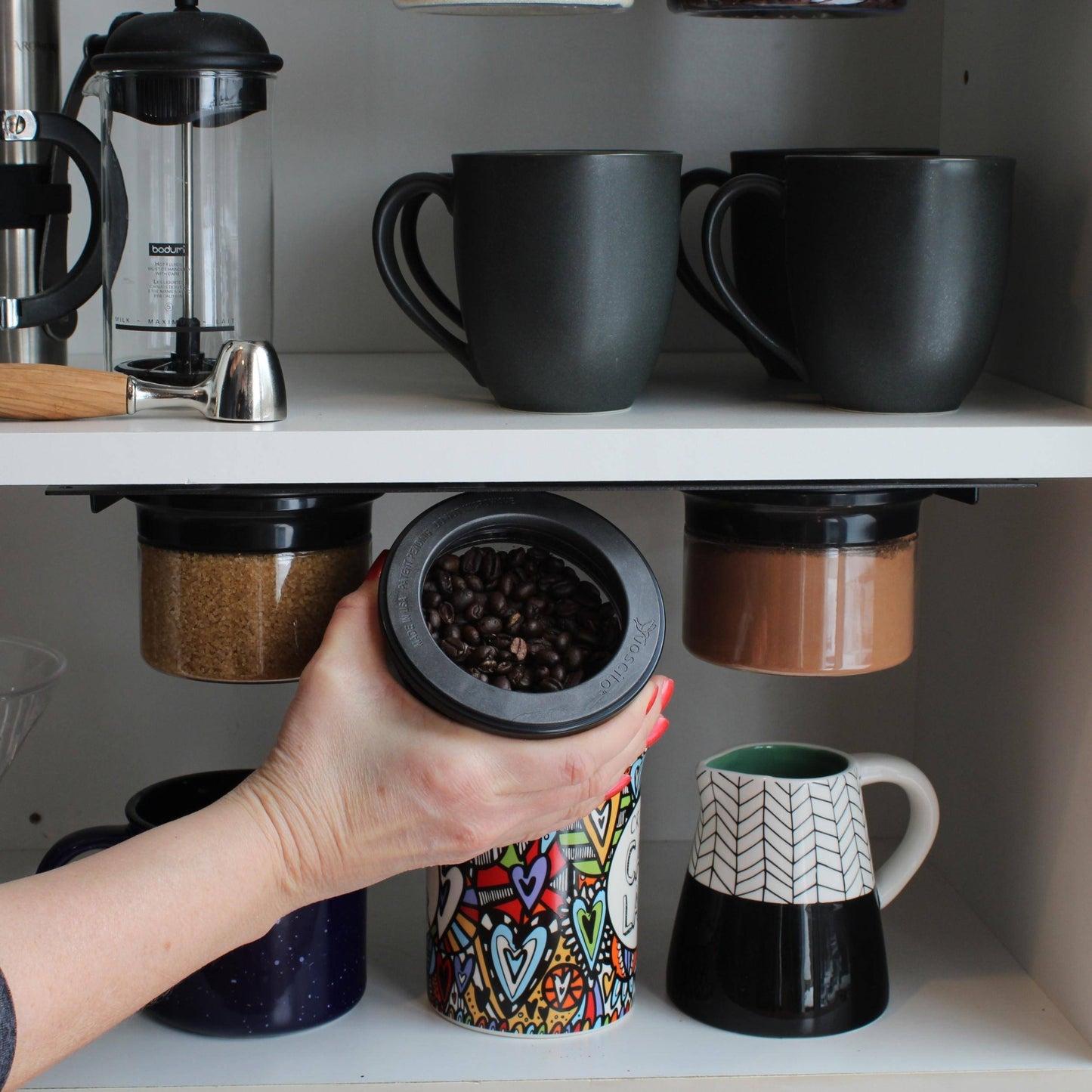 Kitchen Under Cabinet Space Saving Storage Shelf Organizer with Airtight Storage Jars