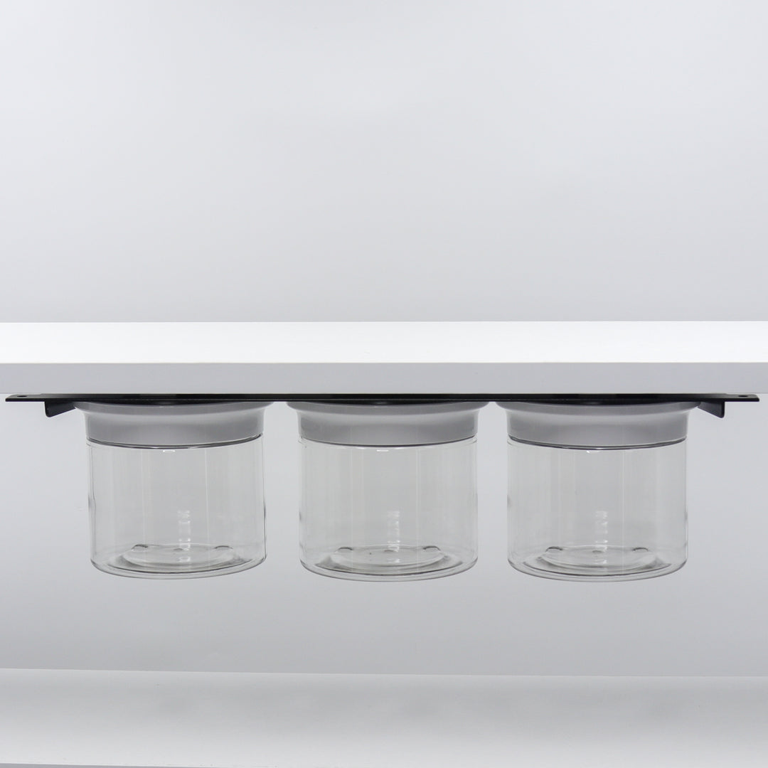 Under Bathroom Shelf Organizer Includes Clear Smell Proof Storage Jars with Labels for Cotton Swabs, Balls, Flossers and more!