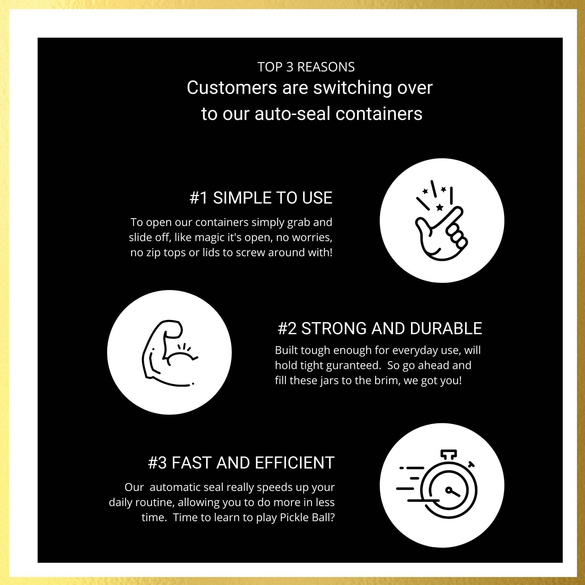 Infographic listing top 3 benefits of auto-seal under sink organizer jars: easy use, strong durability, and time-saving convenience.