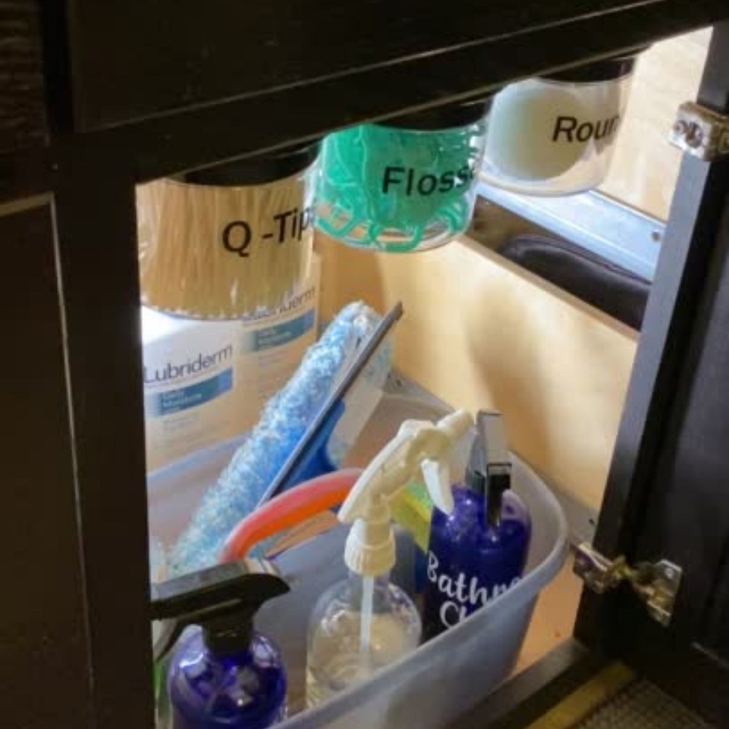 Under the Sink Bathroom Storage - Includes Modern Bath Canisters with Labels for Cotton Balls, Rounds, Flossers and more!