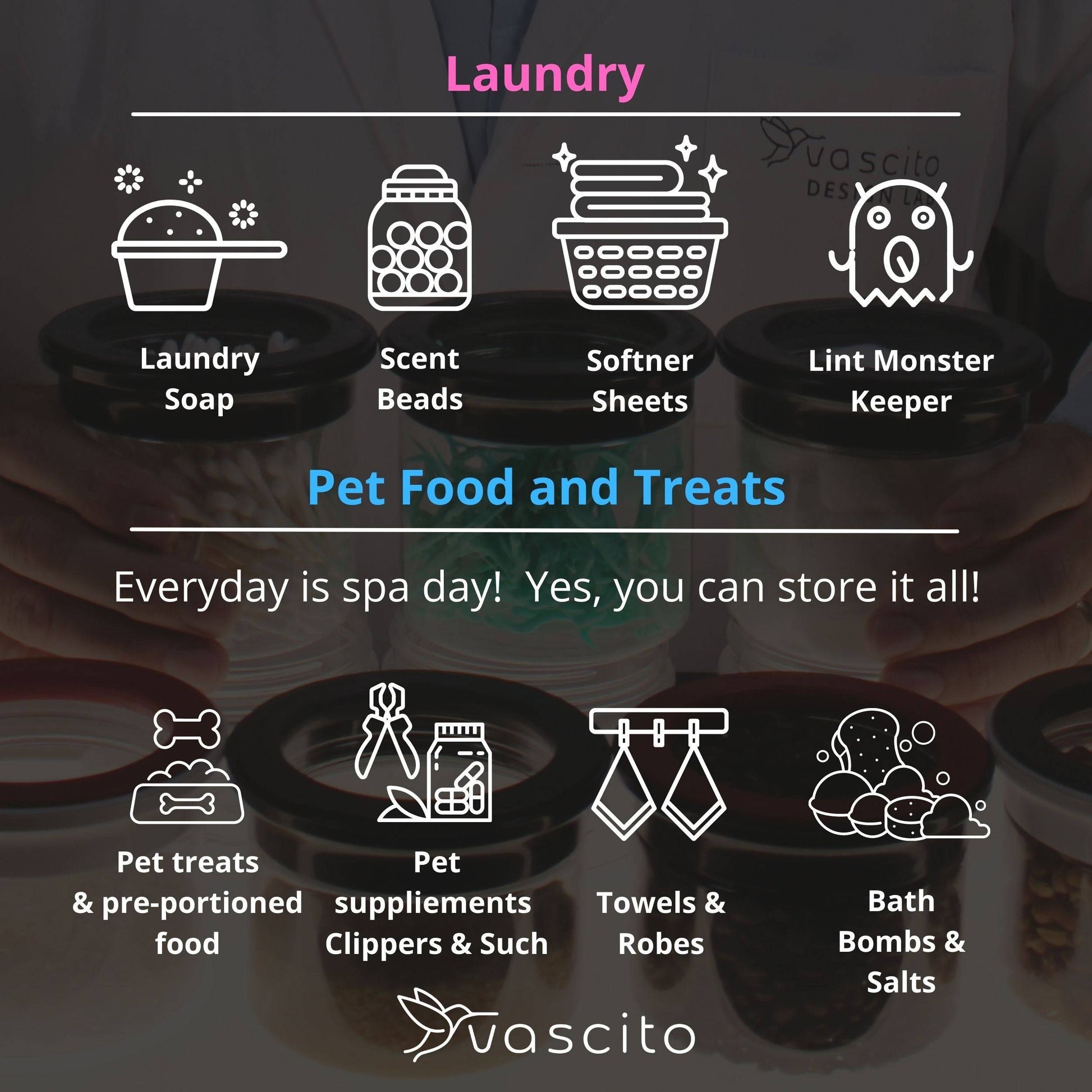 Infographic showing versatile use of Laundry Room Storage Jars - Space Saving Canisters for laundry items and pet supplies, highlighting smell proof design.