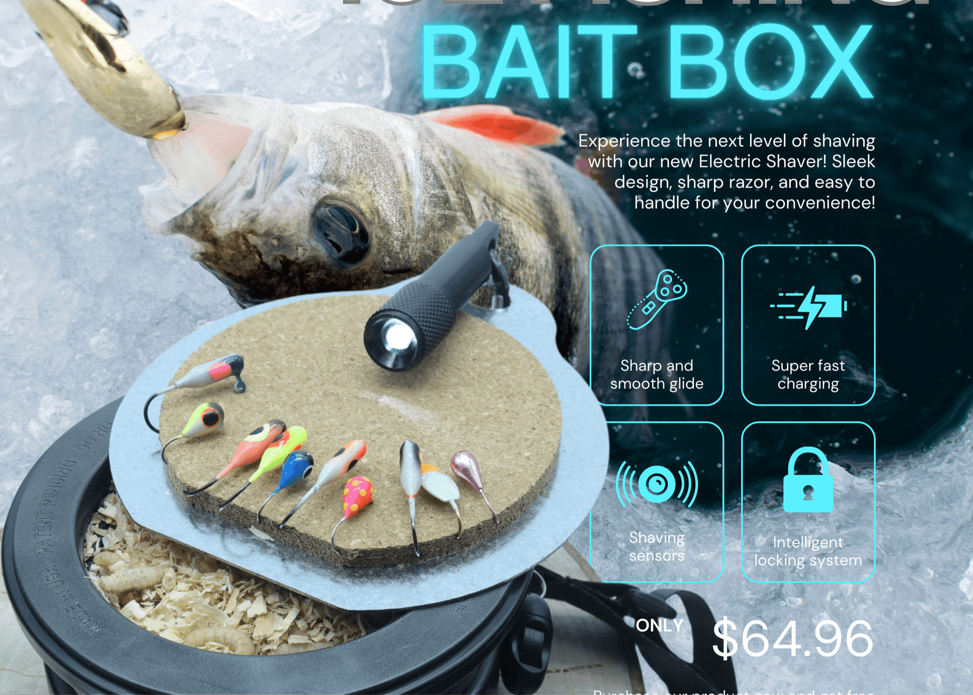 EZ Beaver Bait Buddy small tackle box for fishing with multiple colorful lures, mounted on a circular base with LED light, ideal for ice fishing trips.
