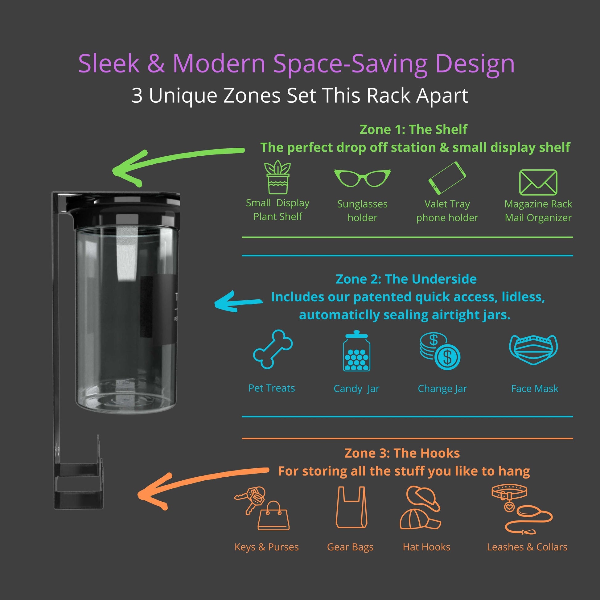 Sleek and modern black dog leash holder with 3 storage zones for jars, shelf items, and hooks to maximize pet supply organization.