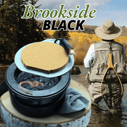 EZ Beaver Bait Buddy Small Tackle Box in Brookside Black with worm bait, ideal for trout and steelhead fishing. Durable, compact, and easy to carry.