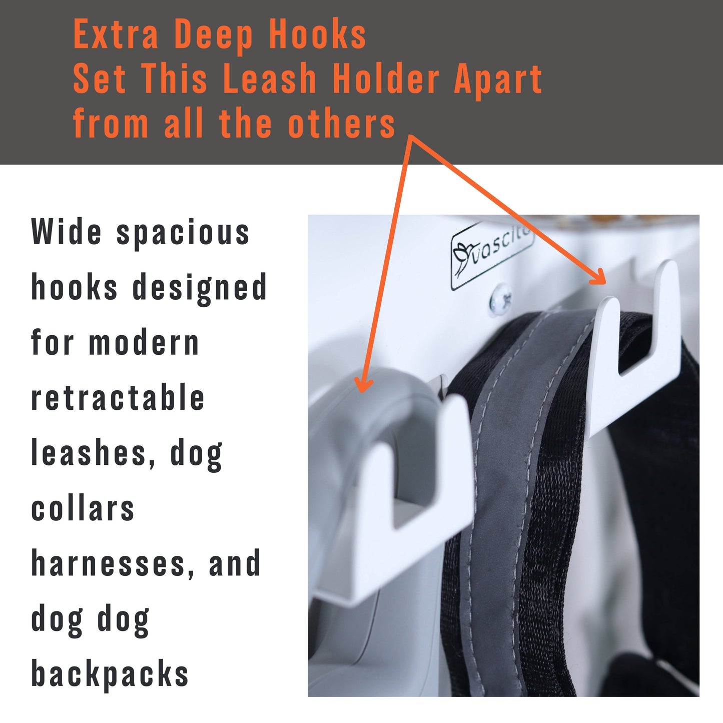 Close-up of extra deep hooks on the premium wall hung dog treat jar organizer, ideal for retractable leashes and dog backpacks.