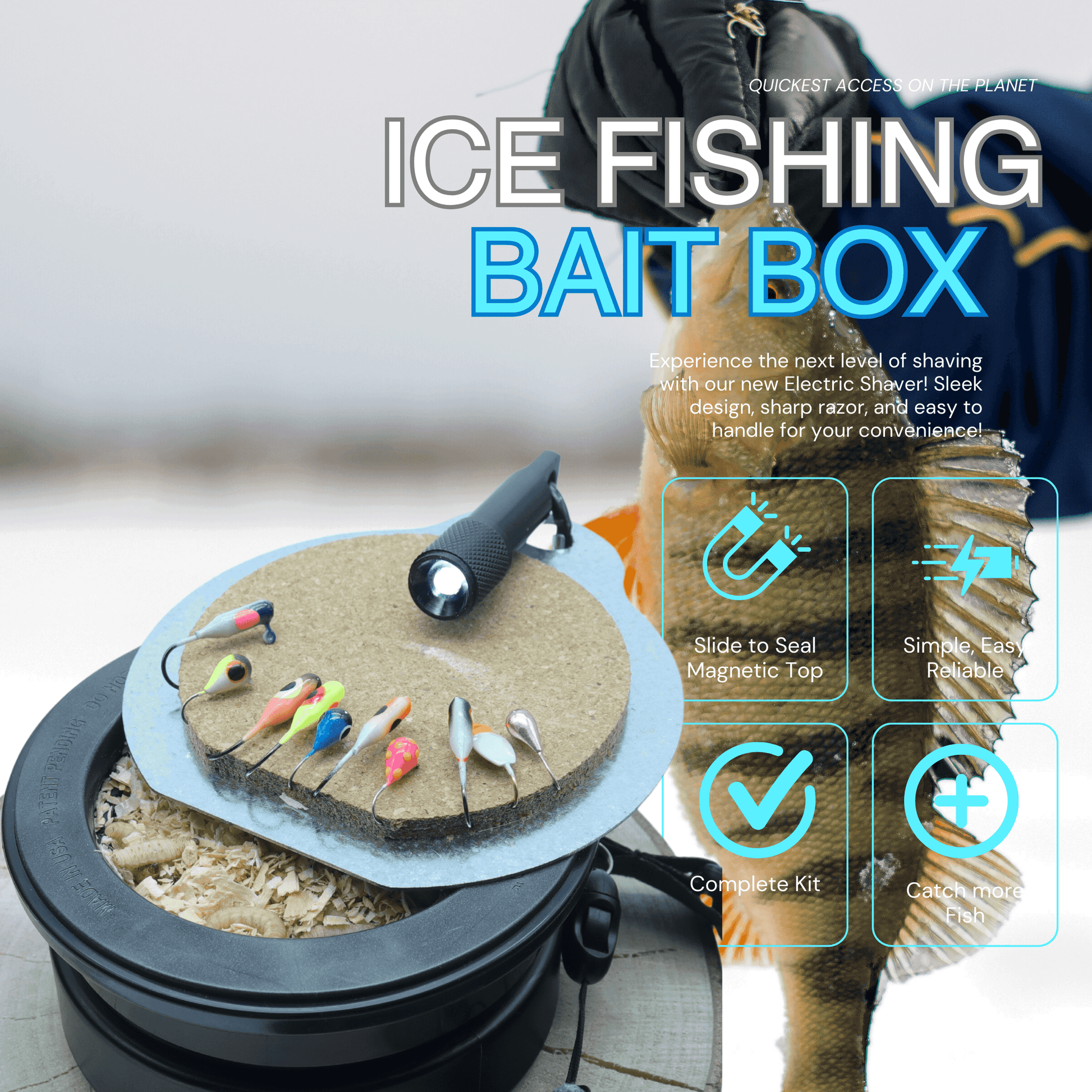 EZ Beaver Bait Buddy small tackle box with magnetic top, holding colorful fishing lures and bait for ice fishing. Durable and compact for easy use.