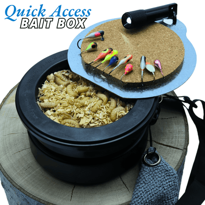 EZ Beaver Bait Buddy small tackle box with quick access lid, filled with bait and colorful fishing lures on cork pad. Durable and compact for anglers.