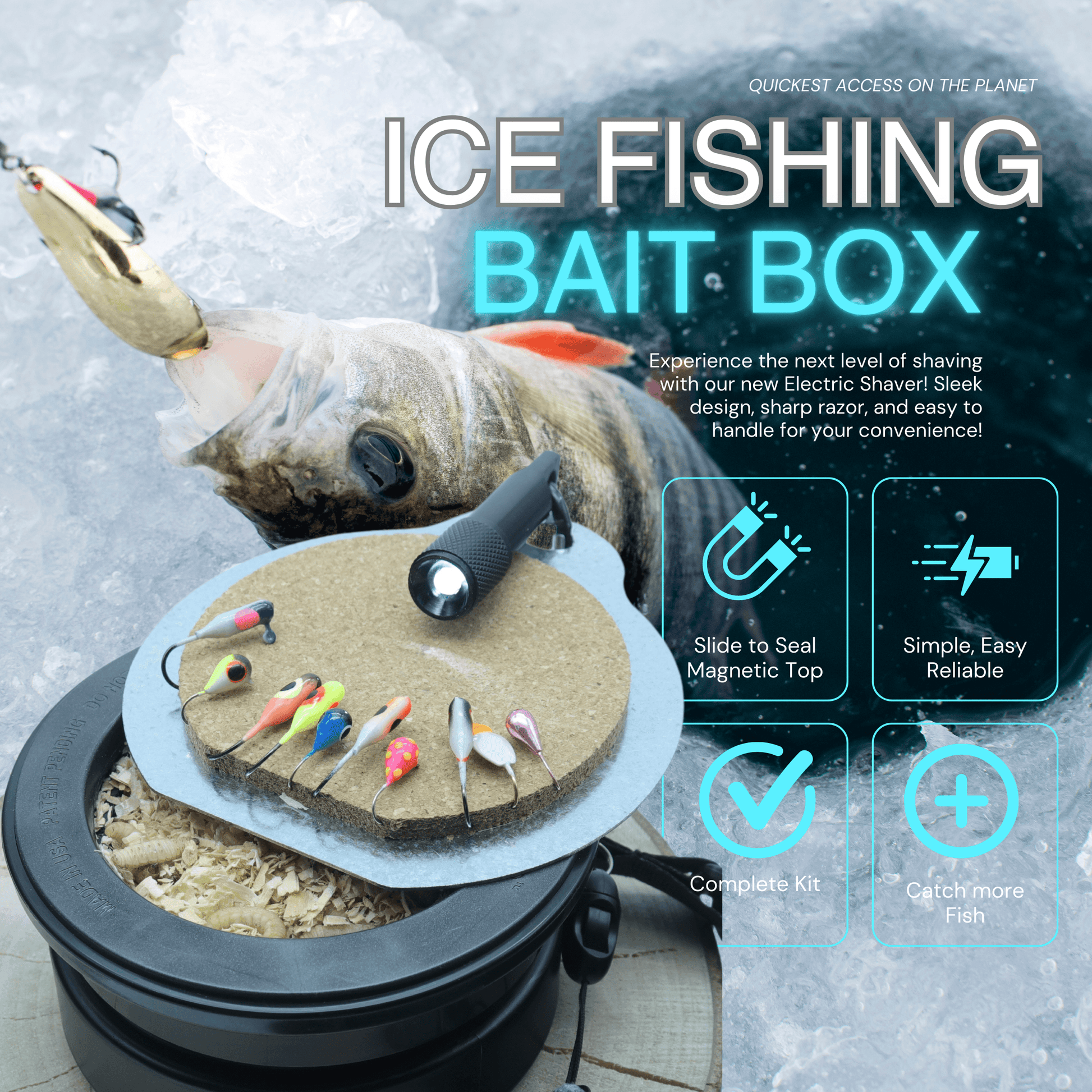 EZ Beaver Bait Buddy small tackle box for fishing with magnetic top, holding colorful bait lures, ideal for ice fishing and quick bait access.