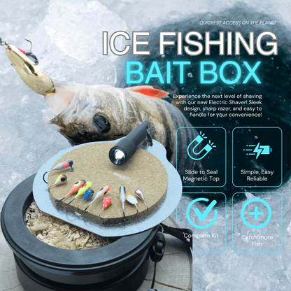 EZ Beaver Bait Buddy small tackle box for fishing with magnetic top, holding colorful bait lures, ideal for ice fishing and quick bait access.