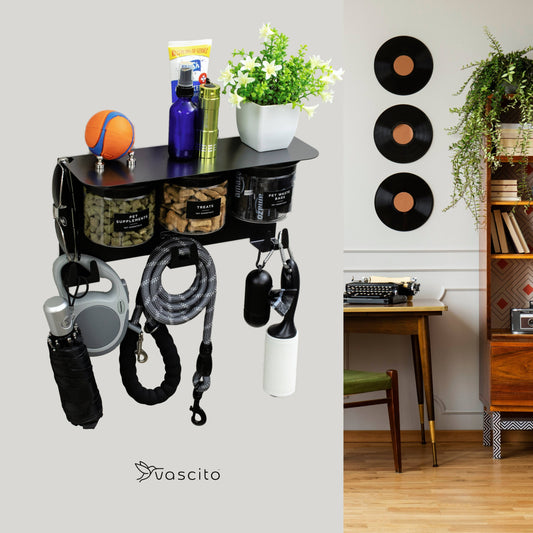 Dog Leash Holder for Wall with Dog Storage Organizer, 13.5" Wide Shelf and 3 Small Dog Treat Jars, Modern Black