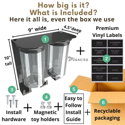 Dog leash holder dimensions and included items: 9-inch shelf, 2 jars, hardware, magnetic toy holders, and recyclable packaging.