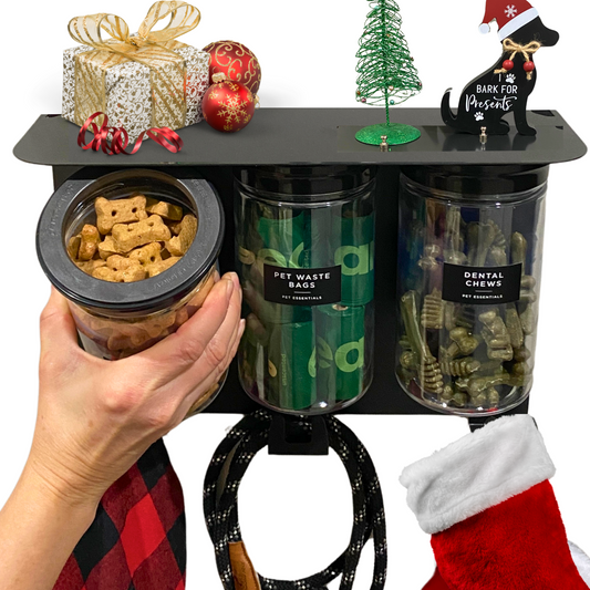 Dog Leash Holder for Wall, Dog Storage with 13.5” Dog Shelf, 3 Large Airtight Dog Treat Containers, Dog Storage, Dog Accessories
