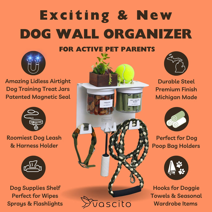 Dog Leash Holder for Wall with 9" Dog Shelf, Deep Dog Hooks and 2 Small Airtight Dog Treat Containers, Dog Stuff Organizer and Storage