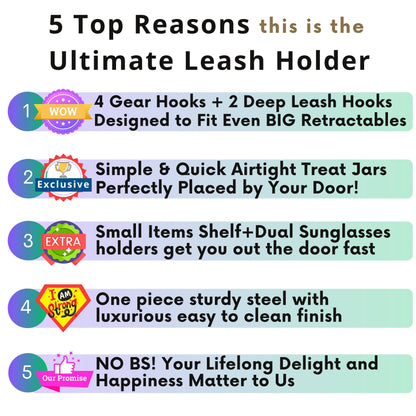 Top 5 reasons to choose the Dog Leash Holder Wall Organizer, highlighting gear hooks, airtight treat jar, and premium design features.