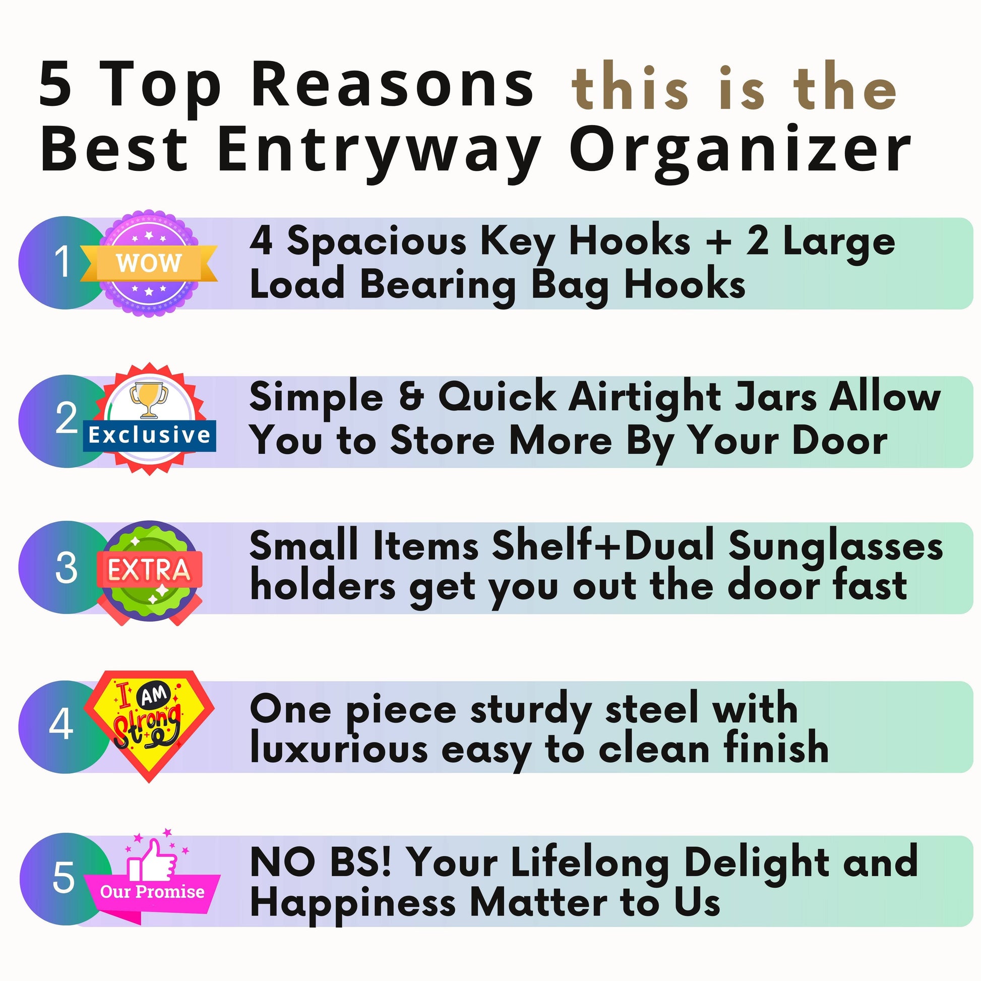 Top 5 reasons to choose this Wall Mounted Key Holder - Small Entryway Shelf, highlighting hooks, airtight jars, and sturdy build.