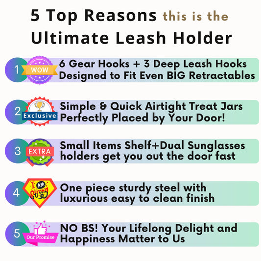 Top 5 reasons to choose this premium wall hung dog leash holder with airtight treat jars and durable hooks for pet organization.