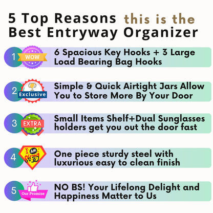 Top 5 reasons to choose the Wall Mounted Key Holder with Entryway Shelf, highlighting key hooks, airtight jars, and durable design.