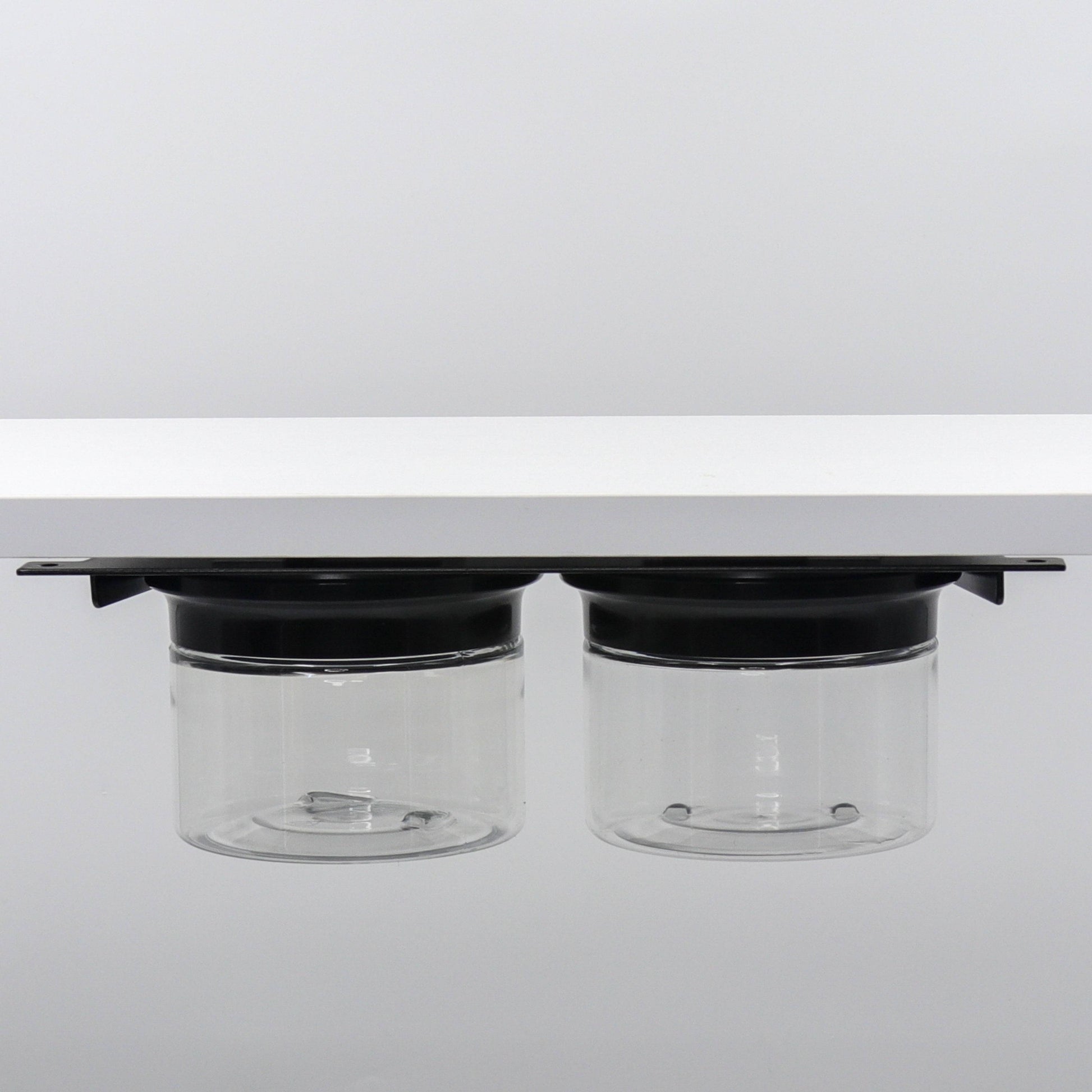 Under Sink/Under Shelf Organizer, Stainless POS with two jars and black lids mounted under shelf, ideal for small space organization.