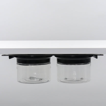 Under Sink/Under Shelf Organizer, Stainless POS with two jars and black lids mounted under shelf, ideal for small space organization.