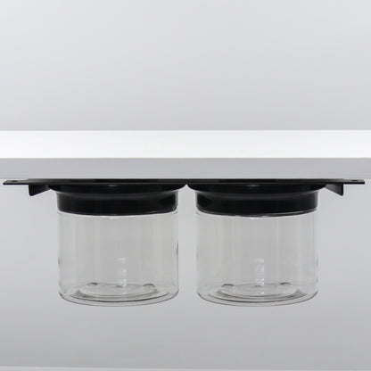 Under Sink/Under Shelf Organizer, Stainless POS with two clear jars and black lids mounted under shelf for compact cabinet storage.
