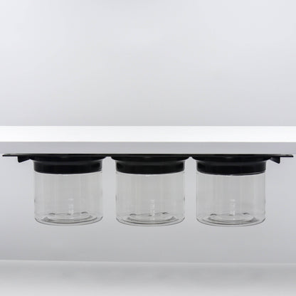 Under Sink/Under Shelf Organizer, Stainless POS with three jars and black lids mounted under shelf, maximizing vertical storage space.