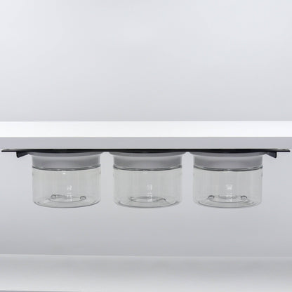 Under Sink/Under Shelf Organizer, Stainless POS with three clear jars and white lids mounted under shelf for organized home storage.