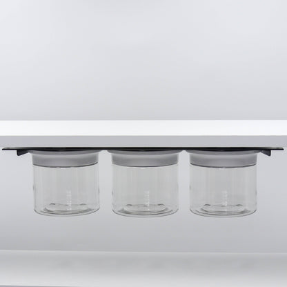 Under Sink/Under Shelf Organizer, Stainless POS featuring three jars with white lids mounted under shelf for efficient cabinet use.