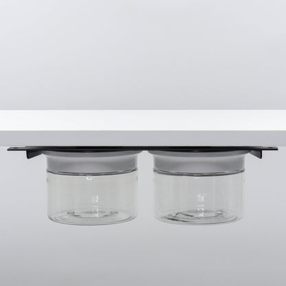 Under Sink/Under Shelf Organizer, Stainless POS with two jars and white lids mounted under shelf, perfect for bathroom or kitchen use.