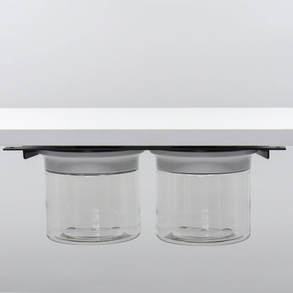 Under Sink/Under Shelf Organizer, Stainless POS with two clear jars and white lids mounted under shelf for efficient storage solution.