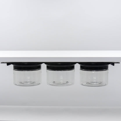 Under Sink/Under Shelf Organizer, Stainless POS with three jars and black lids mounted under shelf, ideal for organizing small items.