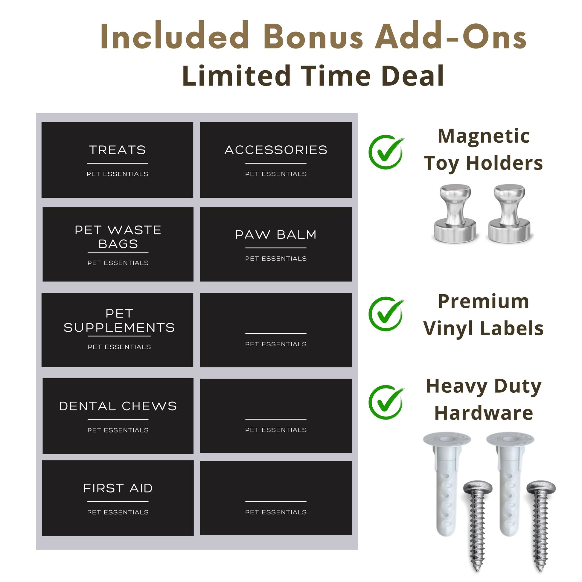 Bonus add-ons for dog leash holder including magnetic toy holders, vinyl labels, and heavy-duty hardware for pet organization.