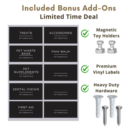 Bonus add-ons for dog leash holder including magnetic toy holders, vinyl labels, and heavy-duty hardware for pet organization.