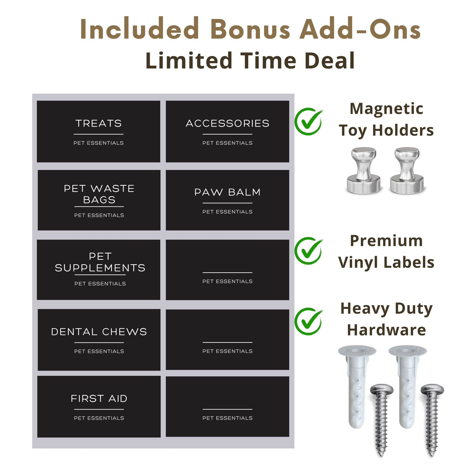 Bonus add-ons for dog leash holder include magnetic toy holders, premium vinyl labels, and heavy-duty installation hardware.