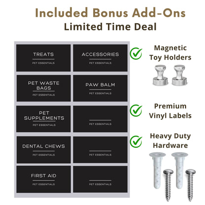 Bonus add-ons for dog leash holder include magnetic toy holders, premium vinyl labels, and heavy-duty installation hardware.