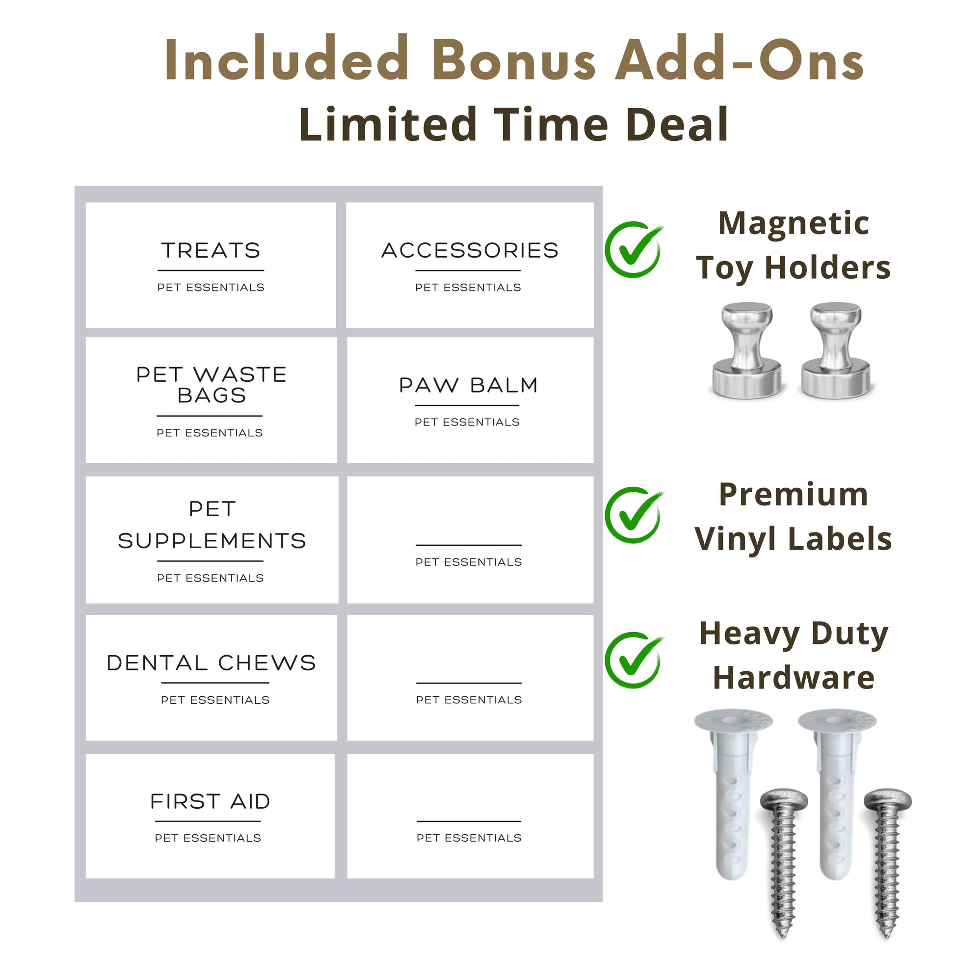 Bonus add-ons for the premium wall hung dog treat jar organizer include magnetic toy holders, vinyl labels, and heavy-duty hardware.