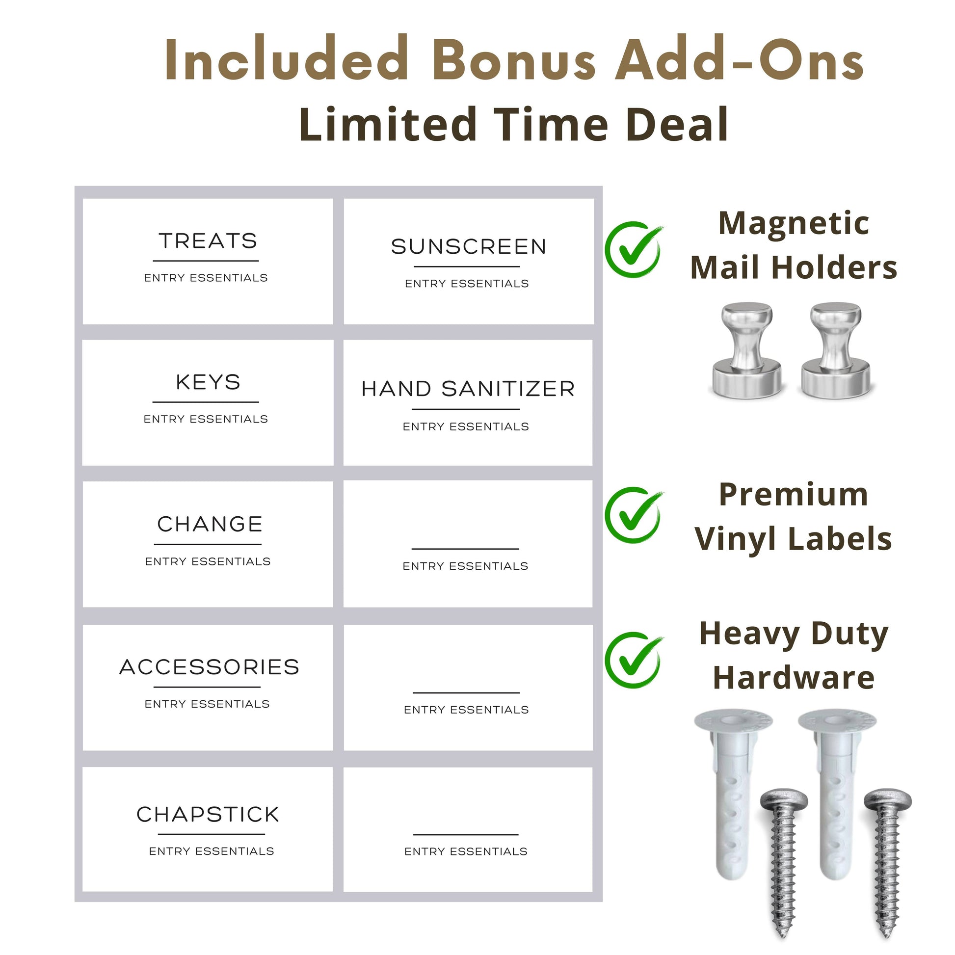 Bonus add-ons for Wall Mounted Key Holder include magnetic mail holders, vinyl labels, and heavy-duty hardware for secure installation.