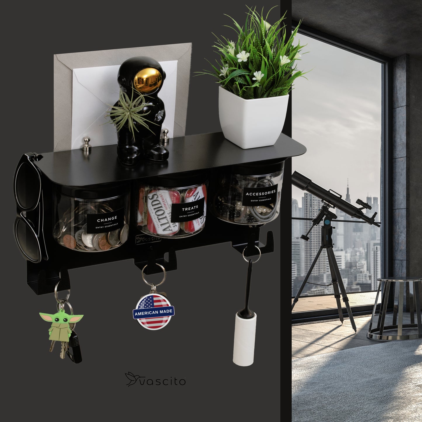 Mail and Key Organizer, Wall Mount with 13.5" Entryway Shelf and 3 Candy Storage Jars in Modern Black