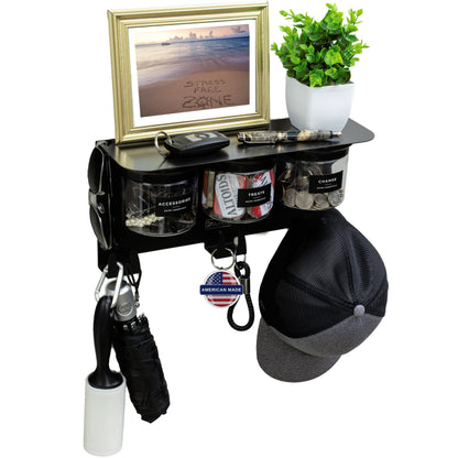 Mail and Key Organizer - Wall Mount with Shelf & Jars in modern black featuring 3 labeled candy jars, hooks, and a 13.5-inch shelf for entryway use.