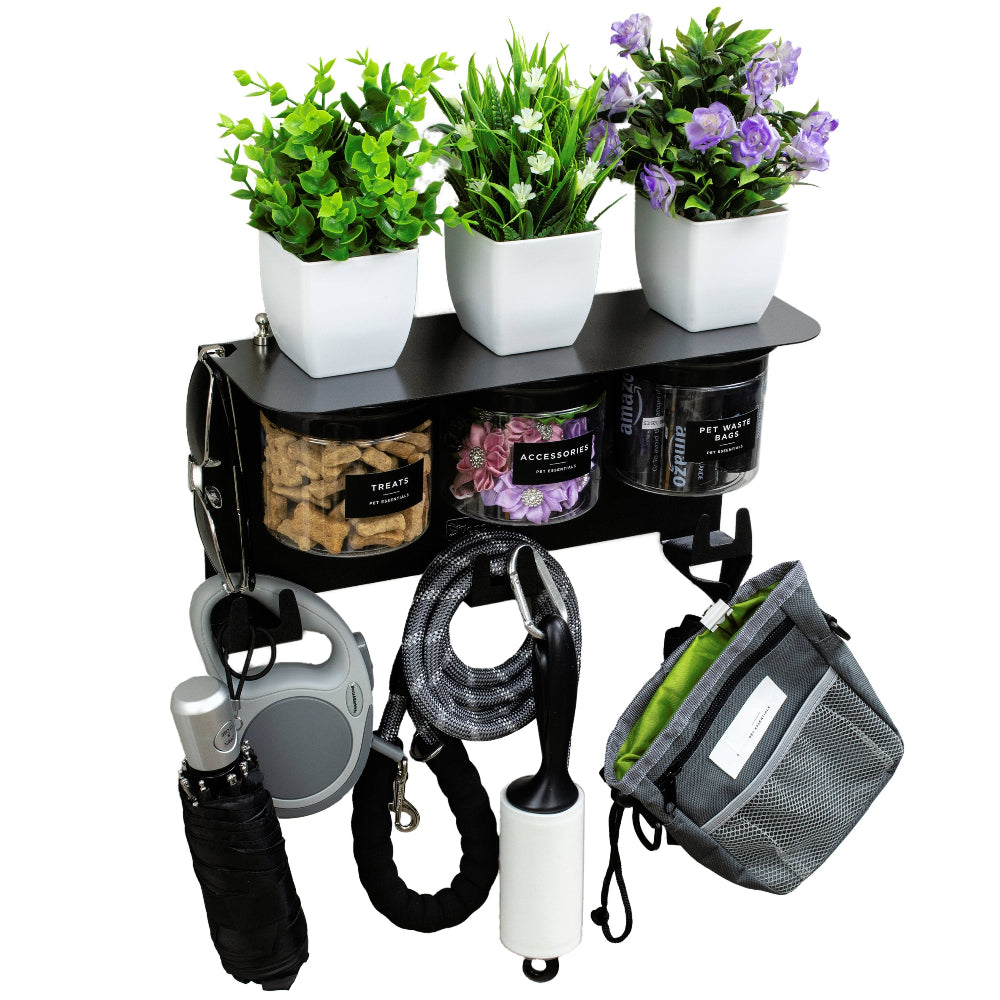 Dog Leash Holder with Storage - Organizer & Shelf | 13.5" Shelf, 3 Treat Jars in modern black with hooks, jars, and potted plants for pet gear.