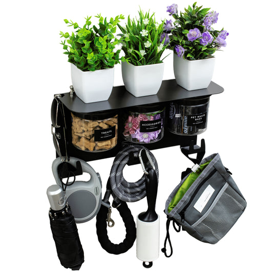 Dog Leash Holder for Wall with Dog Storage Organizer, 13.5" Wide Shelf and 3 Small Dog Treat Jars, Modern Black